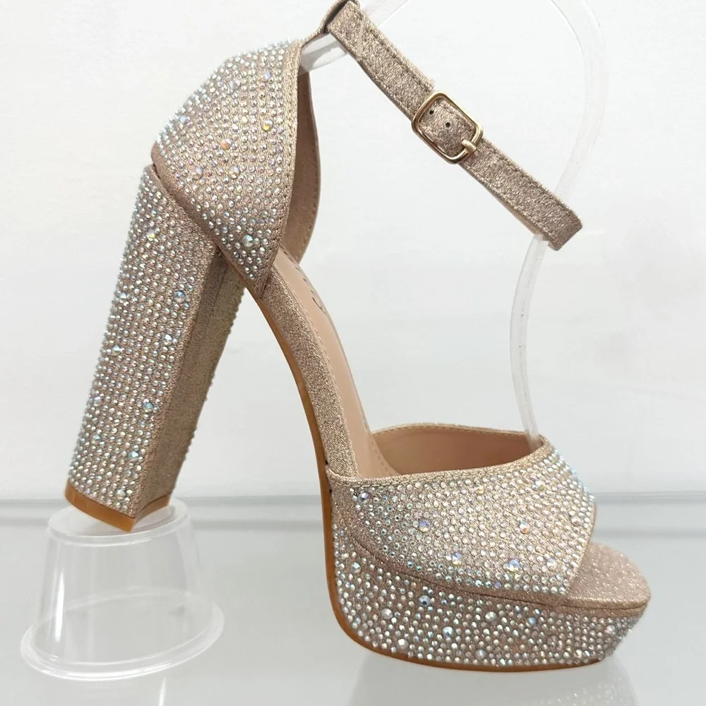 Champagne Rhinestones Open Toe Platform Heels